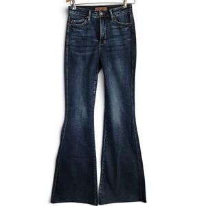 Judy Blue High Rise Flare Jeans Sz 5/27 Dark Wash Raw Hem Pocket Detail JB88882